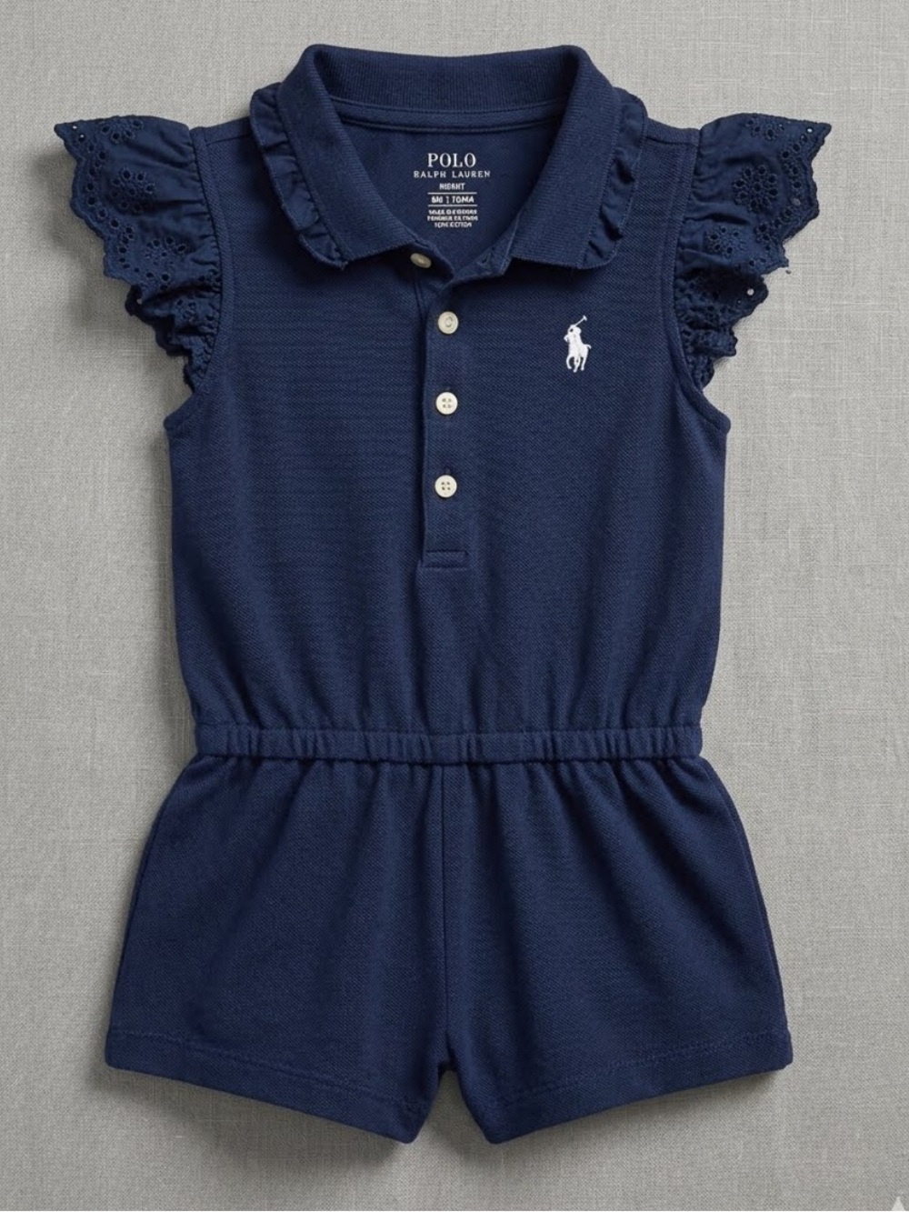 Polo by Ralph Lauren Navy Eyelet-Ruffle Polo Romper - Girls, 6 Months